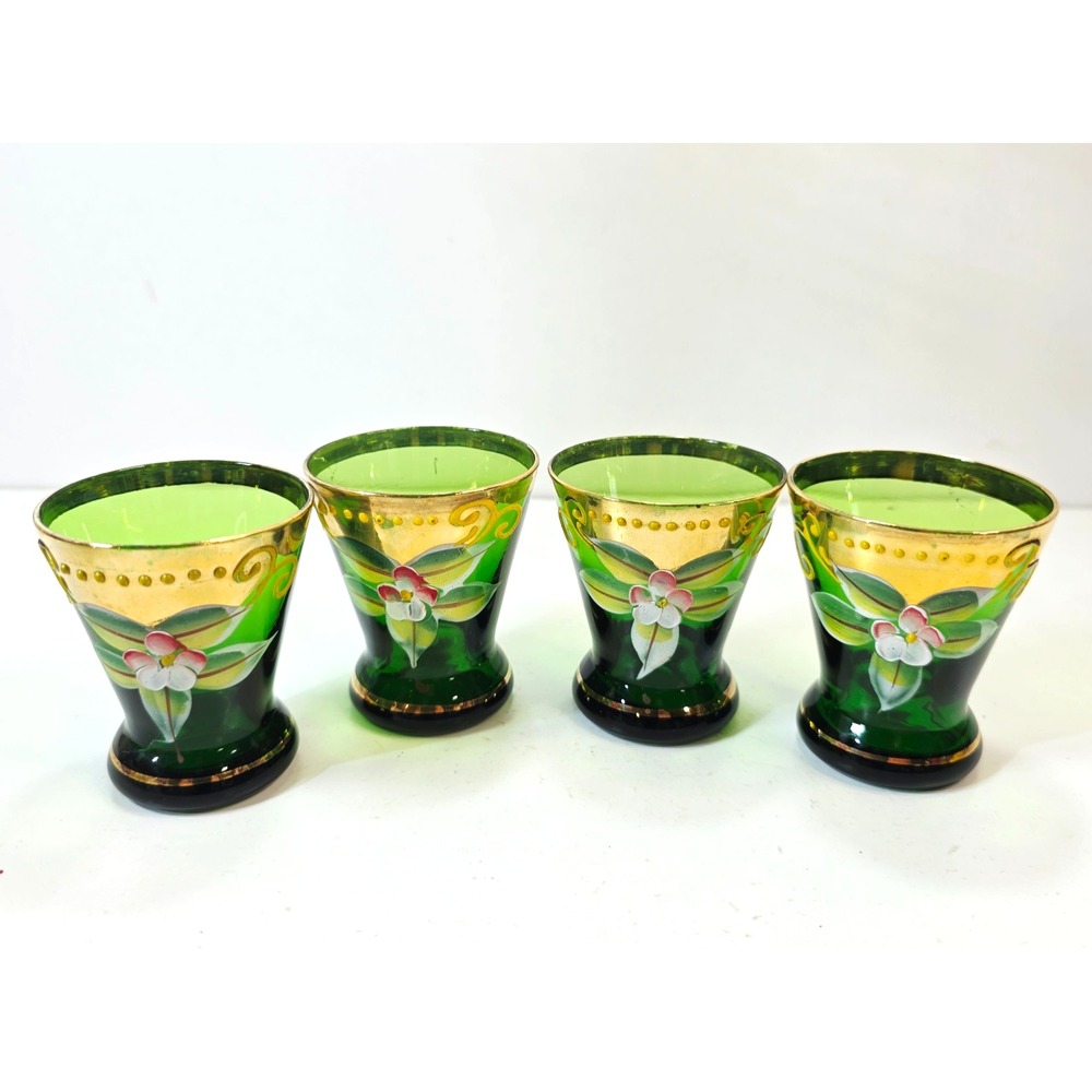 4 Vintage Czech Bohemian Gold Gilded Dark Green Shot Glasses Hand Painted Floral